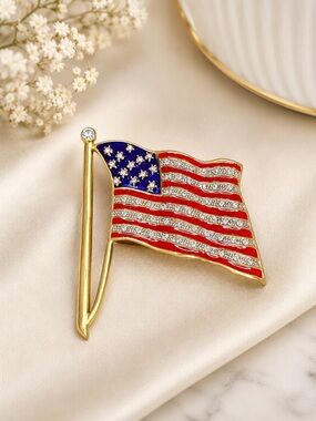 American Flag Red White & Blue Elegant Brooch with rhinestones.